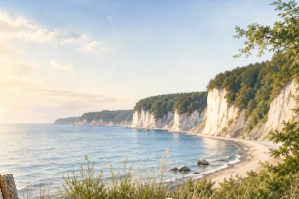 Blick über die Ostsee auf die Kreidefelsen von Rügen im Morgenlicht
